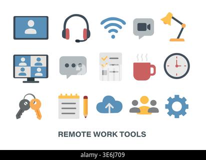 Essential Remote Work Tools Icons Set Stock Vector