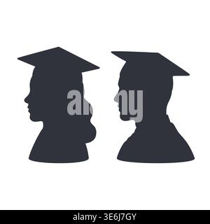 Black silhouettes of a student couple in profile with graduation caps. Stock Vector