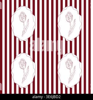 Elegant tulip buds and blooming flowers in a frame on a striped background, hand-drawn with simple lines that create a beautiful and delicate seamless Stock Vector