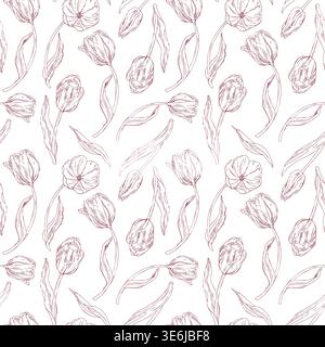 Elegant tulips drawn by hand with simple lines that create a beautiful and delicate seamless floral background pattern. Stock Vector
