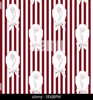 Elegant tulip buds and blooming flowers in a frame with a bow on a striped background, hand-drawn with simple lines that create a beautiful and Stock Vector