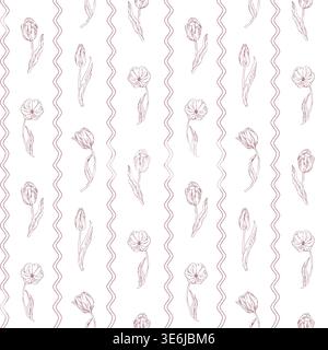 Elegant tulip buds and blooms, a beautiful wavy line, diamonds, all drawn by hand with simple lines that create a beautiful and delicate seamless Stock Vector