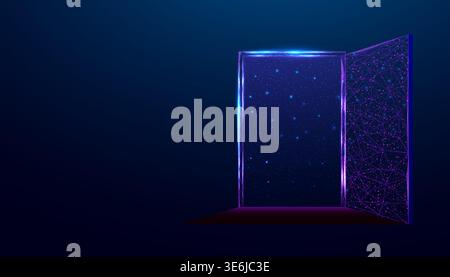 Open door to space, universe. Banner with glowing low poly door on dark blue background. Wireframe low poly design. Abstract futuristic vector Stock Vector