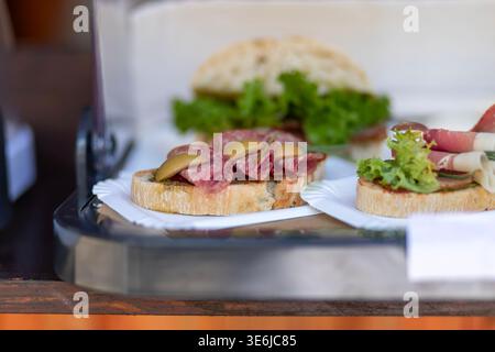 Variety of gourmet sandwiches with meat and fresh vegetables on a serving tray at a summer garden buffet or party. Stock Photo