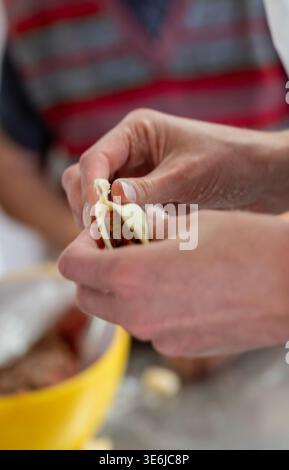 Close up of hands filling a small piece of dough with stuffing to make traditional handmade dumplings. Stock Photo