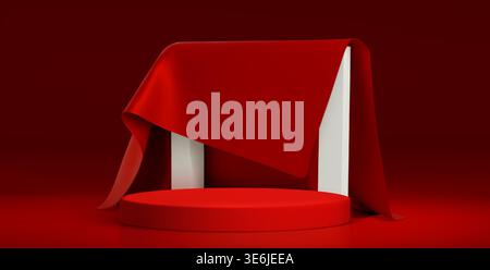 Elegant podium covered with red satin cloth. Vector realistic illustration of round product presentation stage, satin fabric drape for unveiling luxury gift, surprise platform for award ceremony Stock Vector