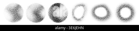 Abstract dotted spheres and rings with grainy gradient texture isolated on white background. Vector realistic illustration of circular shapes dissolved into scattered particles, modern stipple design Stock Vector