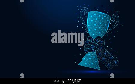 Low poly wireframe hand holding winner cup trophy on dark blue background. Stock Vector