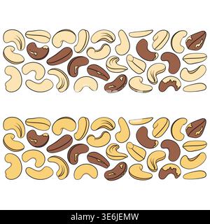 Set of color illustrations of cashew nuts. Isolated vector objects on white. Stock Vector