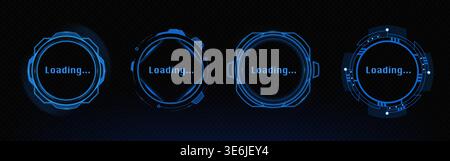 Futuristic hud interface, glowing circular tech elements, neon targeting circles, and digital loading progress bars, abstract vector icons isolated. Sci fi game screens and holographic ui panels Stock Vector