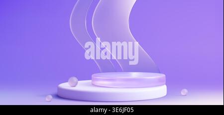 Transparent glass podium with wave design element and beads on purple background. Vector realistic illustration of modern round 3D platform for luxury product display, cosmetic presentation studio Stock Vector