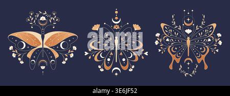Set of mystical butterflies with celestial decoration and boho line art. Vector illustration of esoteric moth with moon phases, stars, flowers, creative designs for tattoo, tarot cards, witchy posters Stock Vector