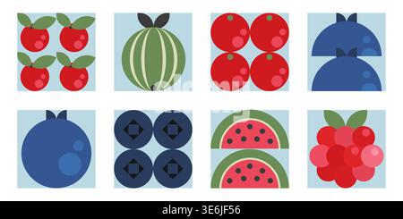 Geometric berry pattern with blue and red berries in minimalist flat style. Abstract vector fruit icons for seamless backgrounds, packaging design, or modern decorative elements. Stock Vector
