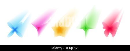 Y2k aesthetic aura icons with gradient shapes and neon color, 3d abstract vector holographic stars, flowers isolated on white background. Retro 2000s design with soft blur, glowing butterfly Stock Vector