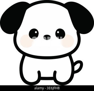 Adorable illustration of a small white puppy sitting forward with black ears round eyes and a tiny curled tail. Stock Vector