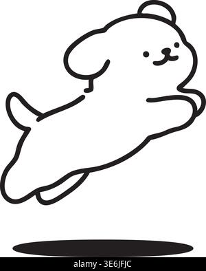 Simple black outline illustration of a cheerful puppy leaping forward with floppy ears and lifted paws. Stock Vector