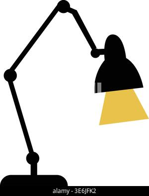 Simple illustration of an adjustable black desk lamp with an angled arm and yellow light shining downward. Stock Vector