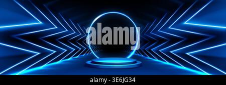 Casino podium with neon lights, abstract vector background. Futuristic 3D stage platform, electrifying game show atmosphere with vibrant LED effect and glowing geometric design elements. Stock Vector
