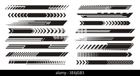 Set of black racing stripes on white background. Vector illustration of bold arrows, checkered flag elements and lines for race car or motorsport graphics, fast speed pattern designs, sports banner Stock Vector