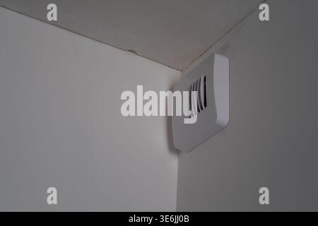 Close view of a wall ventilation grille installed near the ceiling in a minimal white interior corner. Concept of air circulation, home ventilation sy Stock Photo