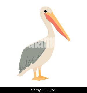 Cartoon illustration of a pelican standing upright with a long orange bill, gray wings, and white body, set against a plain white background Stock Vector