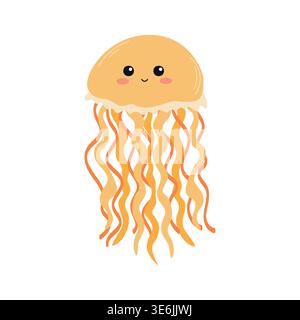 Cute cartoon jellyfish illustration with a smiling face and orange tentacles, designed in a playful style suitable for children's books and Stock Vector