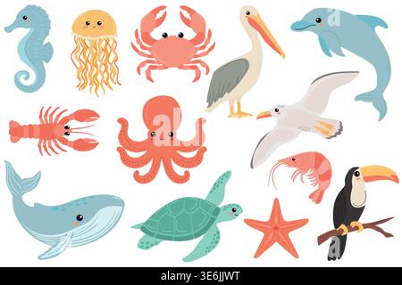 Colorful cartoon marine animals including seahorse, jellyfish, crab, dolphin, pelican, octopus, lobster, turtle, starfish, and toucan on a white Stock Vector