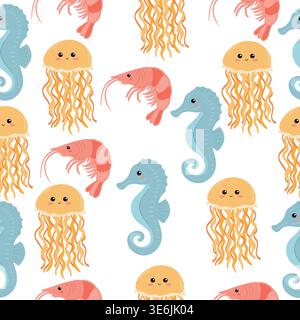 Colorful underwater illustration featuring seahorses, jellyfish, shrimp, and seaweed on a white background, ideal for children's decor or educational Stock Vector