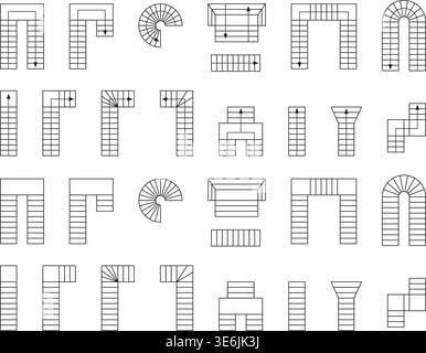 Set of stairs icons for floorplan. Staircase symbols for interior design project. Collection of stairway elements for architecture draft isolated on Stock Vector