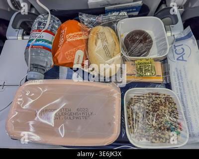 Close up VIew, Prepared Meal on Airplane FLight, Air France, Vegetarian Food Platter Stock Photo