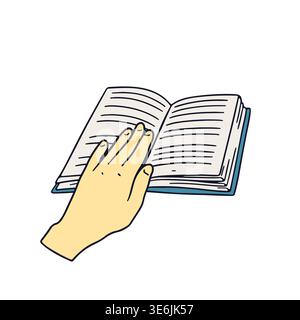 Hand drawn line art opened book with hand icon vector illustration Stock Vector