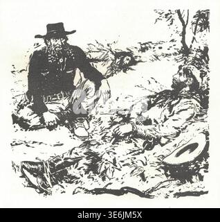 Two cowboys resting in the wilderness after a long journey. A cowboy in a hat crouches while another lies down in the brush, both appearing weary from their travels through rugged terrain. Stock Photo