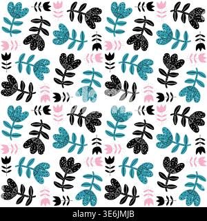 Cute vector seamless pattern with flowers in black, pink and blue colors for clothing, wrapping paper and design Stock Vector