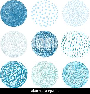 Vector graphics design circle elements in blue color with different textures - lines, dots and scribbles Stock Vector