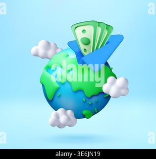 3D Paper airplane flying with money around globe Stock Vector