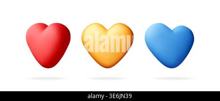 Set of three 3D hearts in red yellow and blue Stock Vector