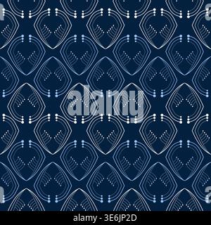 Dynamic modern seamless pattern of curved lines. White blue shapes on dark royal blue background. Fantasy geometric shapes. Monochrome blue decor Stock Vector