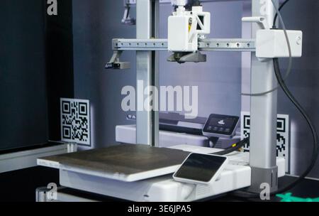3D printer. 3D printer with blank work surface. Empty 3D printer. Modern new additive progressive technologies. 3D printing three-dimensional technology. Printing modeling manufacturing technology Stock Photo