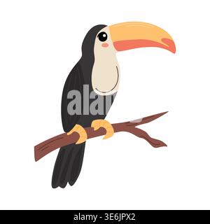 Colorful cartoon toucan perched on a branch with a vibrant yellow beak and black feathers, showcasing a playful and whimsical design in a simple Stock Vector