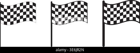 Set of winding race flags with checkered black and white texture. Start or finish signals on sport car competitions. Traditional rally, karting or Stock Vector