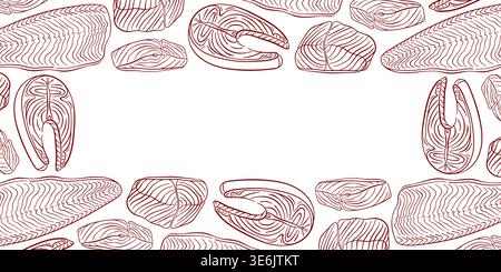 Pattern with line art style raw salmon fish cuts. Simple illustration on white background for seafood shop, menu, packaging and food branding. Stock Vector