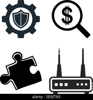 Integrated System Security Risk Analysis and Puzzle Router Data Icon Set Stock Vector