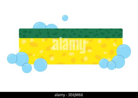 cleaning sponge with detergent bubbles, household hygiene concept, dishwashing foam, kitchen cleaning tool- vector illustration Stock Vector