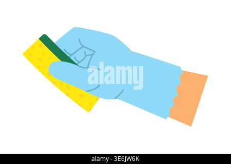 hand in protective glove holding cleaning sponge, household hygiene concept, dishwashing, kitchen cleaning- vector illustration Stock Vector