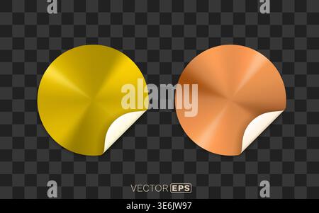 Shiny metallic round sticker set, featuring elegant gold and copper labels with peeled corners. Vector illustration. Stock Vector