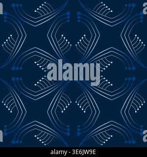 Square dark blue magic seamless pattern of curved lines. White blue gradient shapes on dark blue background. Kaleidoscope design. Fantasy geometric sh Stock Vector