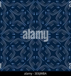 Dynamic modern seamless pattern of curved lines. White blue gradient shapes on dark royal blue background. Kaleidoscope geometric design. Mosaic tiles Stock Vector