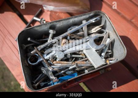 Workshop box with screws and keys. Stock Photo