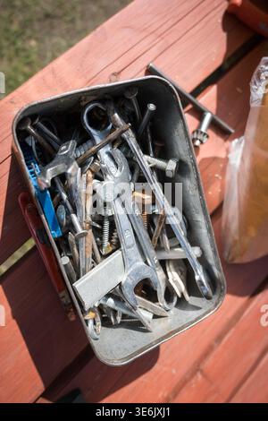 Workshop box with screws and keys. Stock Photo