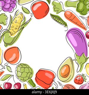 Frame with flat style fruits and vegetable, corn, eggplant, peach, avocado. Illustration background for healthy food menu, organic packaging and Stock Vector